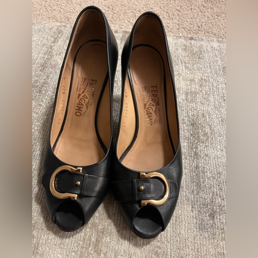 Salvatore Ferragamo Black Leather Peep-Toe Heels with Gold Buckle